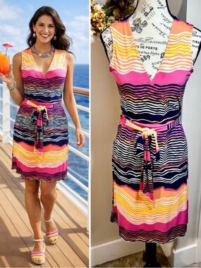 Tori Richard Hawaii Camilla True Wrap Striped Jersey Dress XS💛